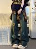 American Retro Plus-size Floral Embroidered Jeans For Women, Autumn Vintage-style Pa, Slightly Flared Straight-leg_mkmklike.com