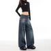 Vintage High-Waisted Flared Jeans – 90s Retro Denim Wide-Leg Pants – Distressed Washed Blue Y2K Streetwear _mkmklike.com