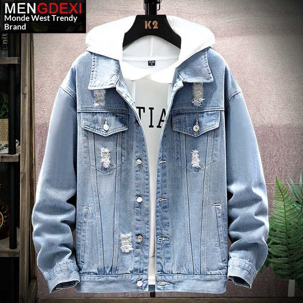 Northfold Distressed Men Japanese Style Spring Autumn Cross-border BF Student Loose Trendy Couple Handsome Denim Jacket_mkmklike.com