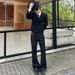 Men's Black Raw Hem Flared Jeans - Loose Fit Straight Leg Denim Pants With Embroidery, Clean Aesthetic_mkmklike.com