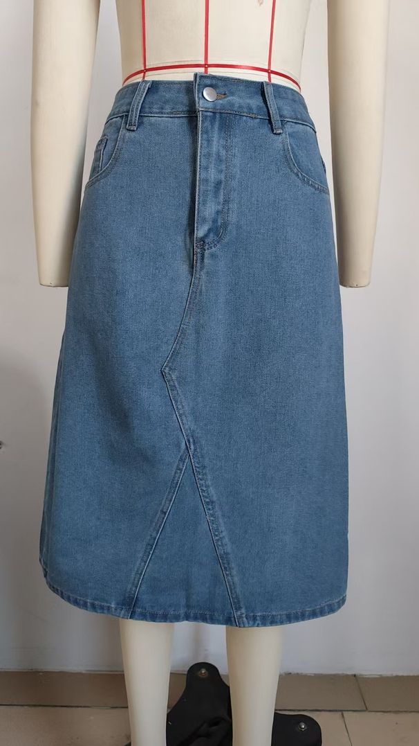 K New Slim-fitting Denim Midi Skirt;_mkmklike.com