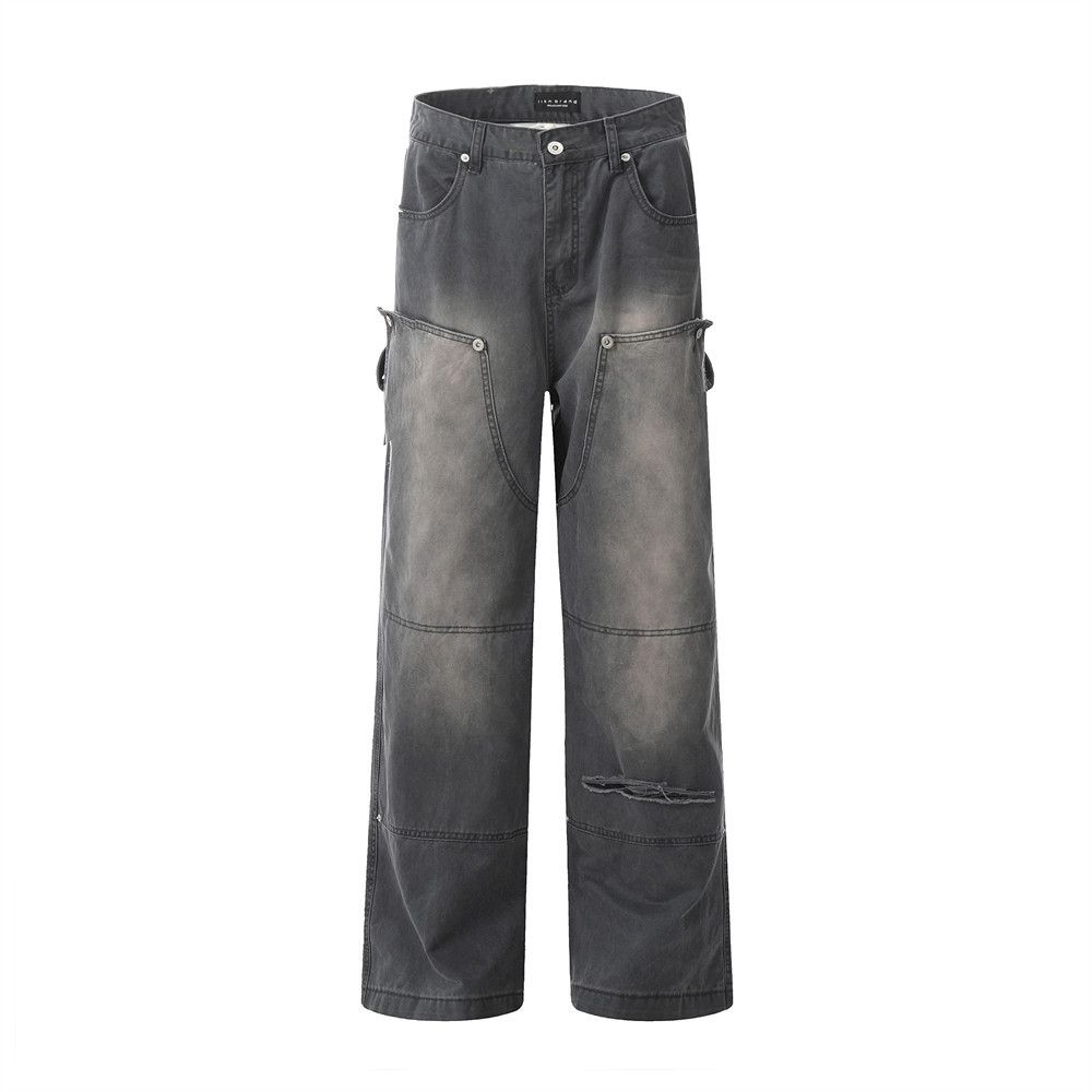 Vintage Washed Ripped Straight Jeans For Men, Workwear Deconstructed Patchwork Design, Loose Casual Long Pants_mkmklike.com