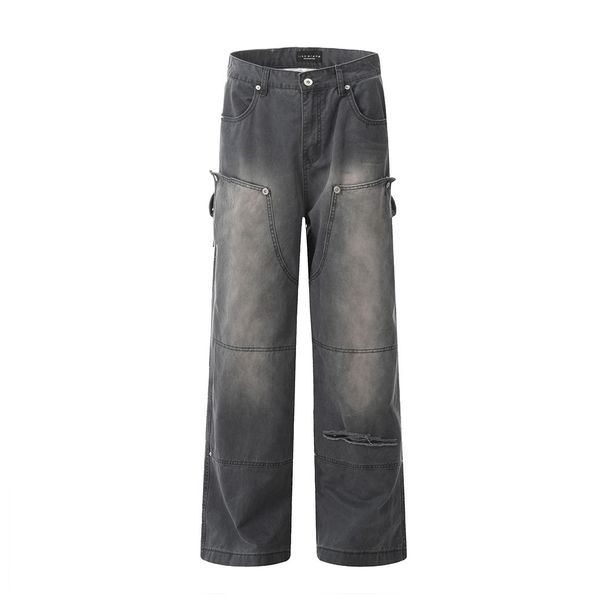Vintage Washed Ripped Straight Jeans For Men, Workwear Deconstructed Patchwork Design, Loose Casual Long Pants_mkmklike.com
