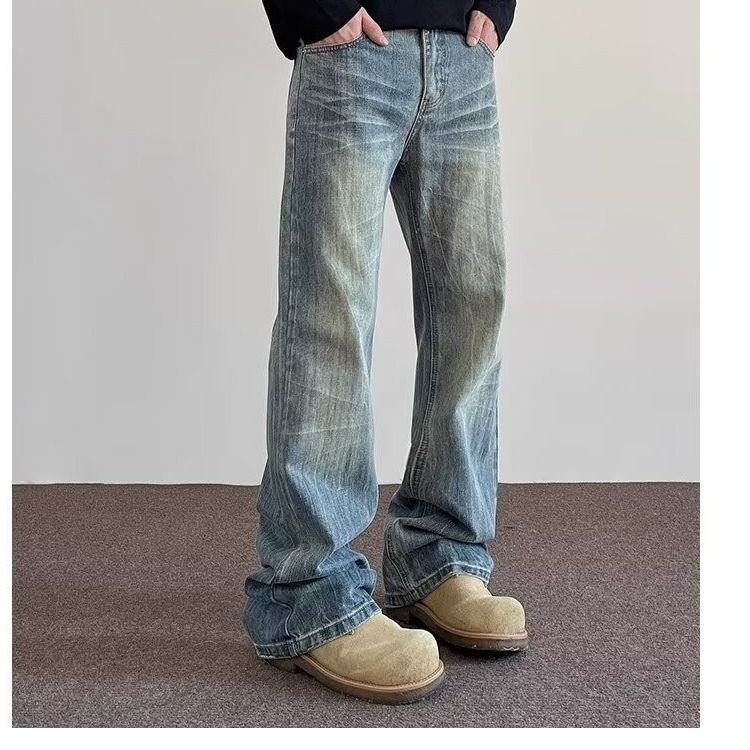 Men's Casual Loose Straight Leg Flared Washed Blue Jeans Retro Whisker Bamboo Pattern Versatile Trousers_mkmklike.com