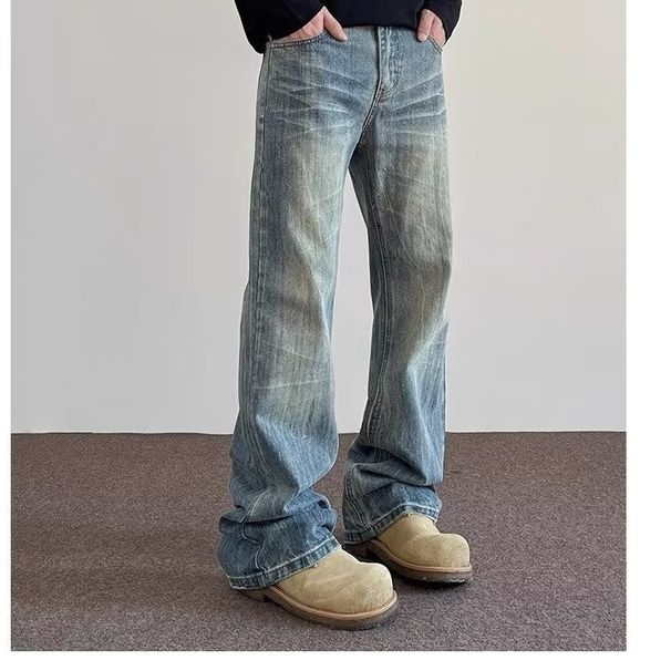 Men's Casual Loose Straight Leg Flared Washed Blue Jeans Retro Whisker Bamboo Pattern Versatile Trousers_mkmklike.com