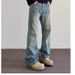 Men's Casual Loose Straight Leg Flared Washed Blue Jeans Retro Whisker Bamboo Pattern Versatile Trousers_mkmklike.com