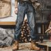 Men's Vintage American Style Relaxed Straight Leg Jeans - Fleece Lined Winter Casual Denim Pants With Washed Finish_mkmklike.com