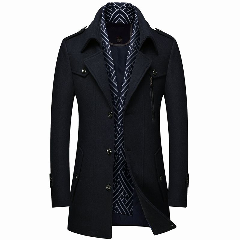 Men's Wool Wool Trench Coat Scarf Collar Mid Length Wool Coat Jacket_mkmklike.com
