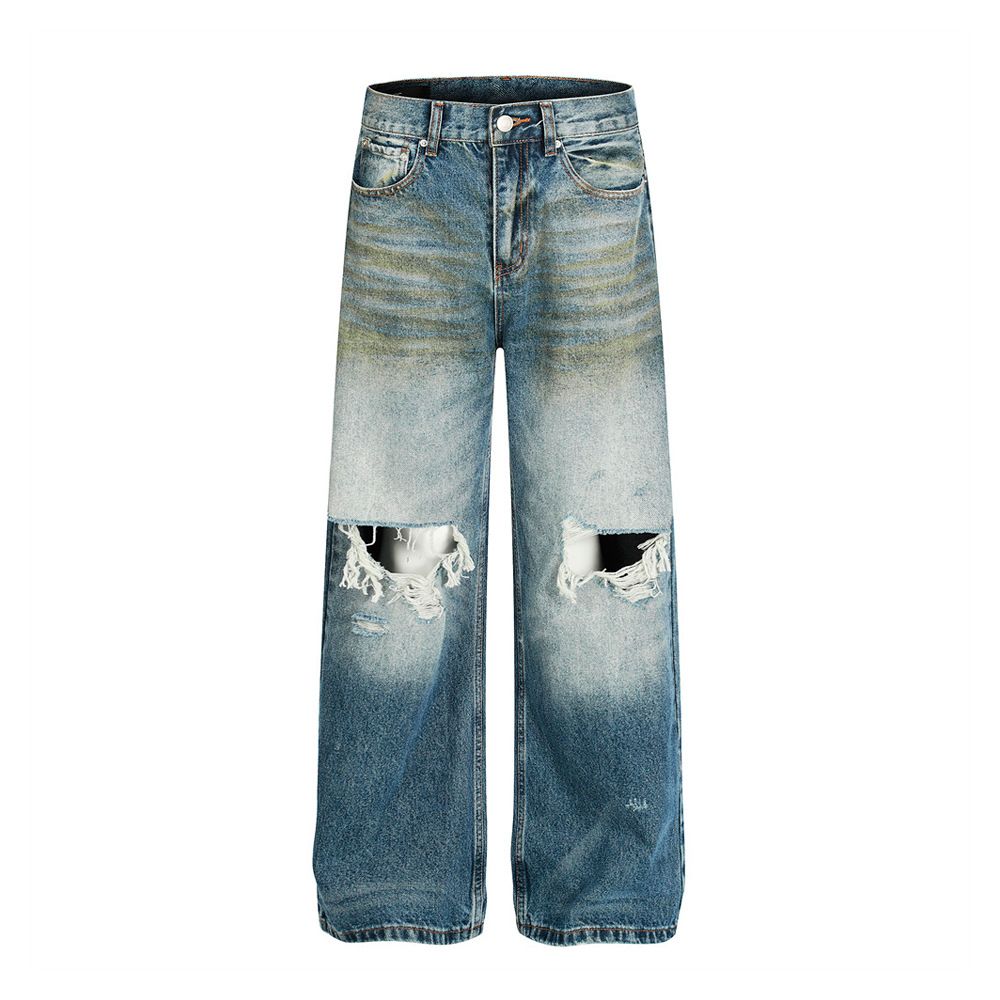 Post-apocalyptic Heavy-Duty Distressed Jeans For Men High Street Washed Vintage Straight-Leg Pants_mkmklike.com