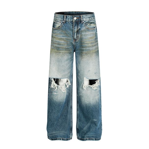 Post-apocalyptic Heavy-Duty Distressed Jeans For Men High Street Washed Vintage Straight-Leg Pants_mkmklike.com