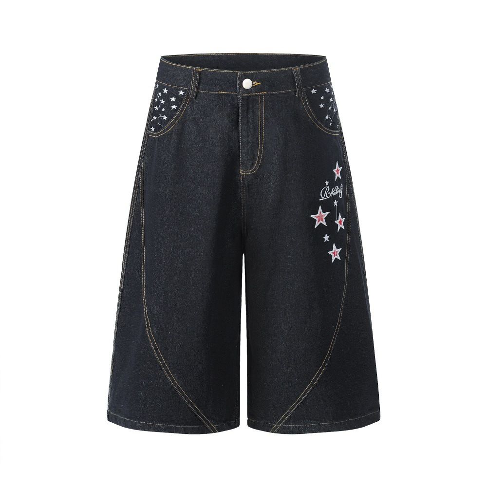 Vintage Punk Washed Denim Shorts For Men - Distressed Embroidery Star Design, Loose Fit, Summer Casual Streetwear_mkmklike.com
