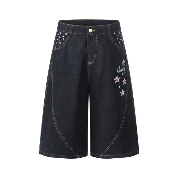 Vintage Punk Washed Denim Shorts For Men - Distressed Embroidery Star Design, Loose Fit, Summer Casual Streetwear_mkmklike.com