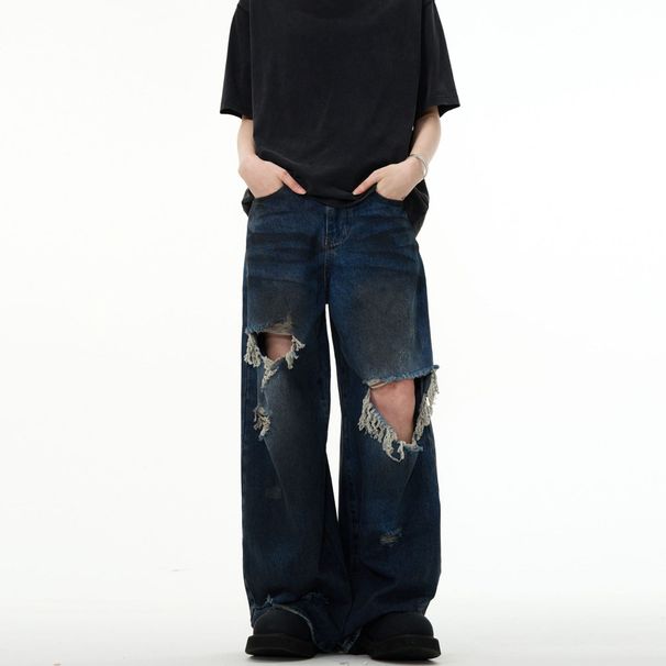 Men's Clothing Retro Distressed Beggar Hole Design Mopping Washed Jeans Niche High Street Loose Versatile Wide Leg Pants_mkmklike.com