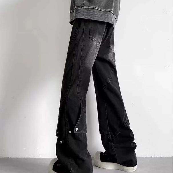 Men's Black Flared Cargo Jeans – High Street Style With Patchwork Design, Straight Leg Loose Fit For Trendy & Cool Look (S-3XL)_mkmklike.com