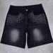 "Men's Distressed Denim Shorts – Vintage Washed, Rhinestone Studded, Straight Leg (Sizes 30-36, Black/Grey/Blue)"_mkmklike.com