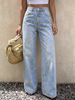 Women's High Waist Wide Leg Jeans Light Wash Yellow Floral Print Loose Fit Floor Length Fresh Pants NY852_mkmklike.com