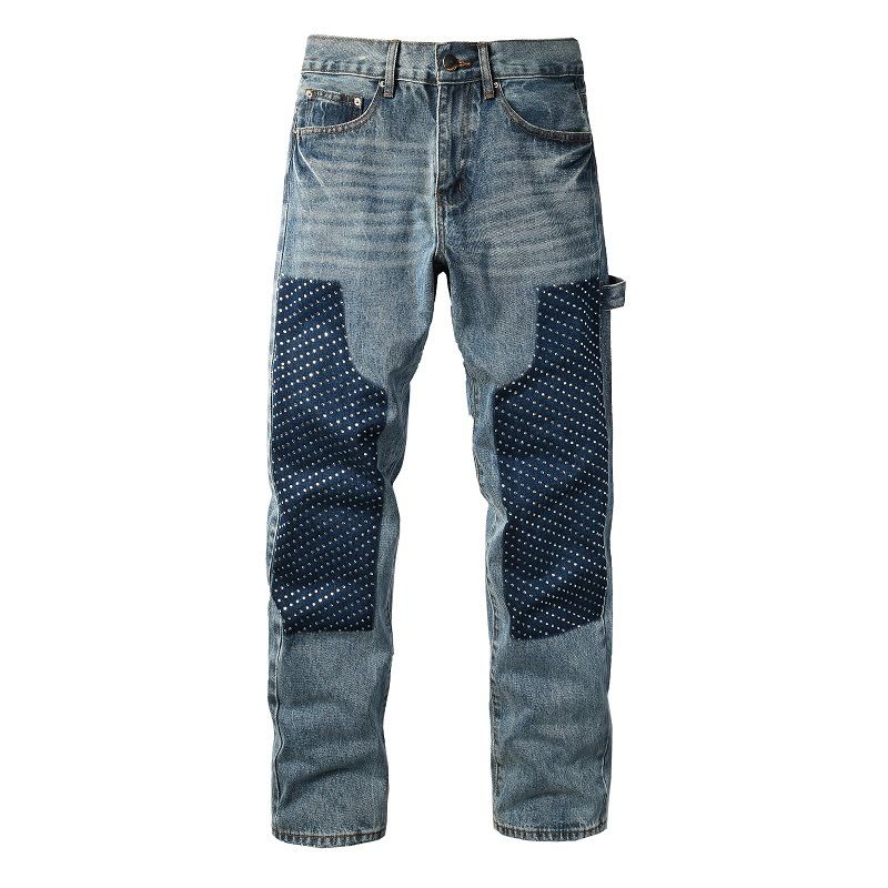 Men's Distressed Rhinestone Jeans – Vintage Washed Denim, Relaxed Straight Fit (Unisex, Heavyweight Cotton, Size 30-46, Streetwear Essential)_mkmklike.com