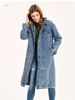 Vintage Denim Coat For Women - Lightweight Long Coat With Princess Sleeves, Soft Stretch Fabric, Medium Blue & White T-Shirt Style_mkmklike.com