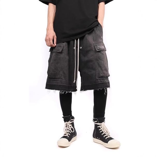 Men's Vintage Workwear Denim Shorts Distressed Raw Hem Multi-Pocket Cargo Design 5-Inch Inseam Retro Streetwear Blue Black S-3XL_mkmklike.com