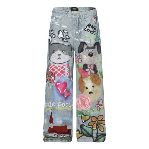 Unisex Trendy Cartoon Print Design Loose Wide Leg Jeans Retro High Street Style Men's Clothing Denim_mkmklike.com