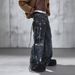 Trendy Men's Relaxed Fit Straight Leg Jeans - Dark Blue Washed With Faux Ripped & Graffiti Details_mkmklike.com