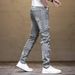 2023 Summer New Men's Light Gray Slim Fit Motorcycle Patchwork Frayed Hem Jeans Trendy Skinny Mid-Waist Pants_mkmklike.com