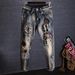 Trendy Brand Embroidered Jeans Men's Slim-fitting Straight Elastic Retro Embroidered Hole Patch Personalized Spring And Summer Trendy Men's Pants_mkmklike.com