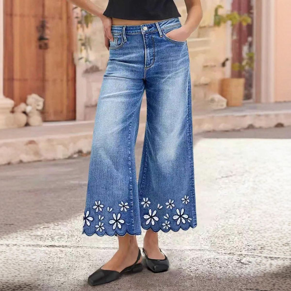 Women's Fashionable Embroidered Stretchy Loose Casual Cropped Jeans Relaxed Everyday Wear Versatile Comfortable Feshion Trend_mkmklike.com