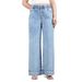 Light Blue Washed Soft Denim Wide Leg Pants High Waisted Elastic Drawstring Hip Covering Slimming Casual Long Trousers for Women_mkmklike.com