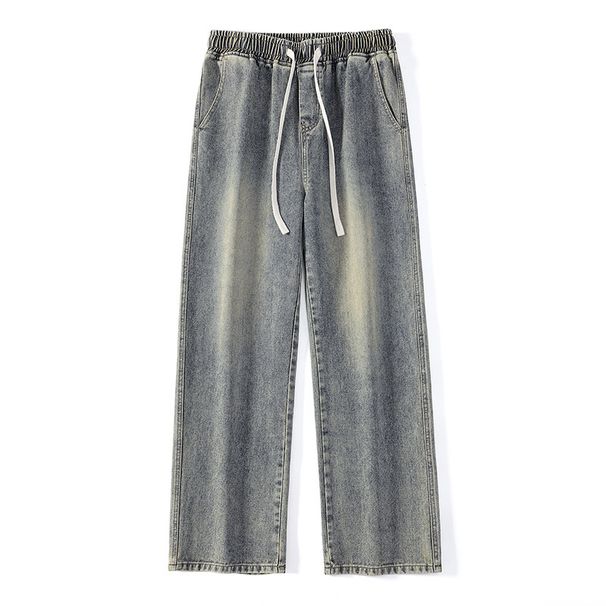 Men's Drawstring Waist Straight Leg Jeans - Relaxed Fit Stretch Denim Pants With Adjustable Ties_mkmklike.com