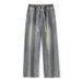 Men's Drawstring Waist Straight Leg Jeans - Relaxed Fit Stretch Denim Pants With Adjustable Ties_mkmklike.com