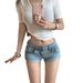 Light Blue Washed Low Rise Stretch Denim Shorts for Women Slimming Fit Super Stylish Bodycon Rolled up Hem Perfect for Summer_mkmklike.com