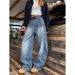 Men's Clothing Vintage Washed Distressed Loose Fit Baggy Jeans For Men - Retro American Style Straight Leg Denim Pants With Unique Curved Hem Design_mkmklike.com