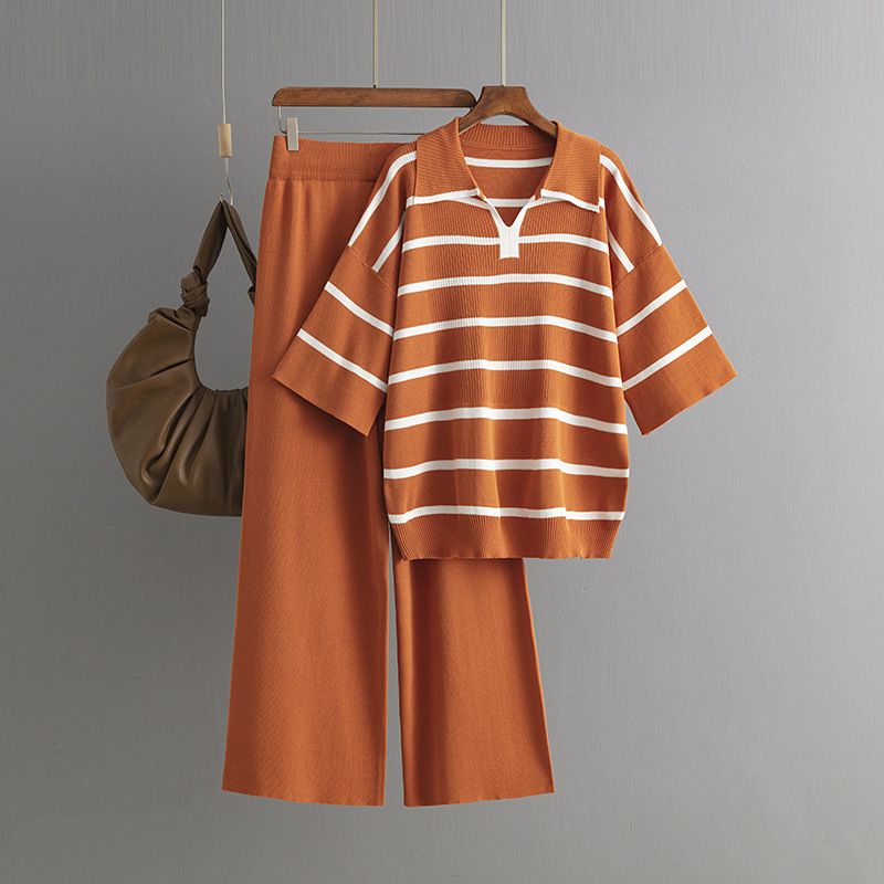 Women's Clothing contrast striped fashion suit new casual loose knitted wide leg pants two piece suit_mkmklike.com