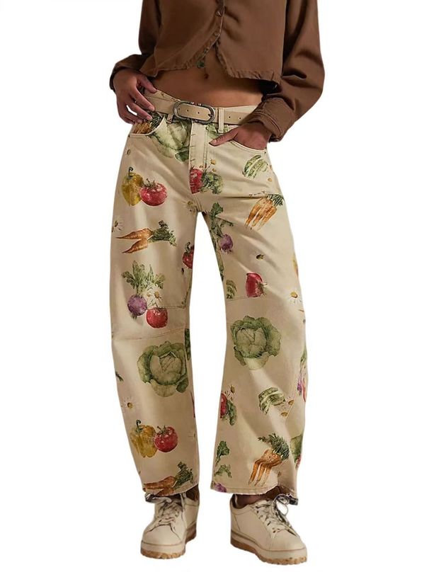 Women's Floral Print Denim Jeans Autumn Winter Wide Leg Cropped mid Waist Y2K Style Loose Fit Jeans_mkmklike.com