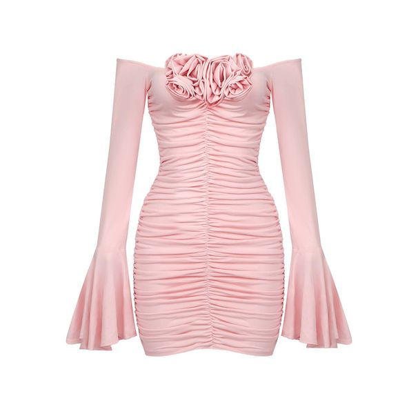 Women's clothing new French design women's trumpet sleeve flower skirt pleated tube top fashion dress_mkmklike.com