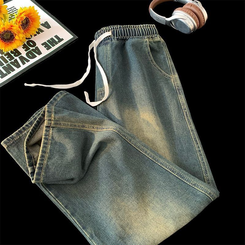 Men's Elastic Waist Straight Leg Jeans American Retro Washed Loose Casual Versatile Long Pants Spring Autumn Style_mkmklike.com