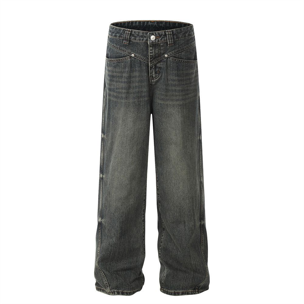 Washed Vintage Denim Men's Workwear Punk Street Style Design Sense Personality Loose Wide-Leg Straight Pants_mkmklike.com