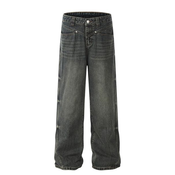Washed Vintage Denim Men's Workwear Punk Street Style Design Sense Personality Loose Wide-Leg Straight Pants_mkmklike.com