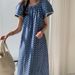 ELLE Korean Retro Loose Fit Denim Print Puff Sleeve Dress Long Thin Style_mkmklike.com