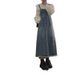 ELLE ELLE Denim Suspender For Women 2025 Summer New Washed Vintage Frayed Edge Retro Design Mid-Length Dress_mkmklike.com