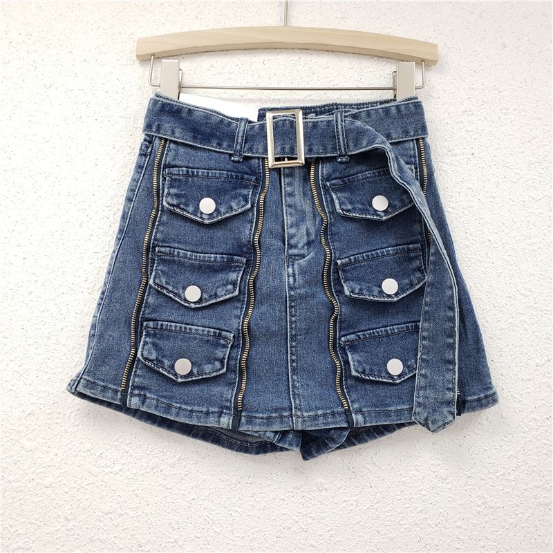 Personalized Pocket Zipper Design Army Green Denim Skirt Pants Women's Summer High Waist A Line Slim Two Piece Hip Skirt_mkmklike.com