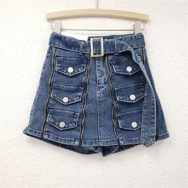 Personalized Pocket Zipper Design Army Green Denim Skirt Pants Women's Summer High Waist A Line Slim Two Piece Hip Skirt_mkmklike.com