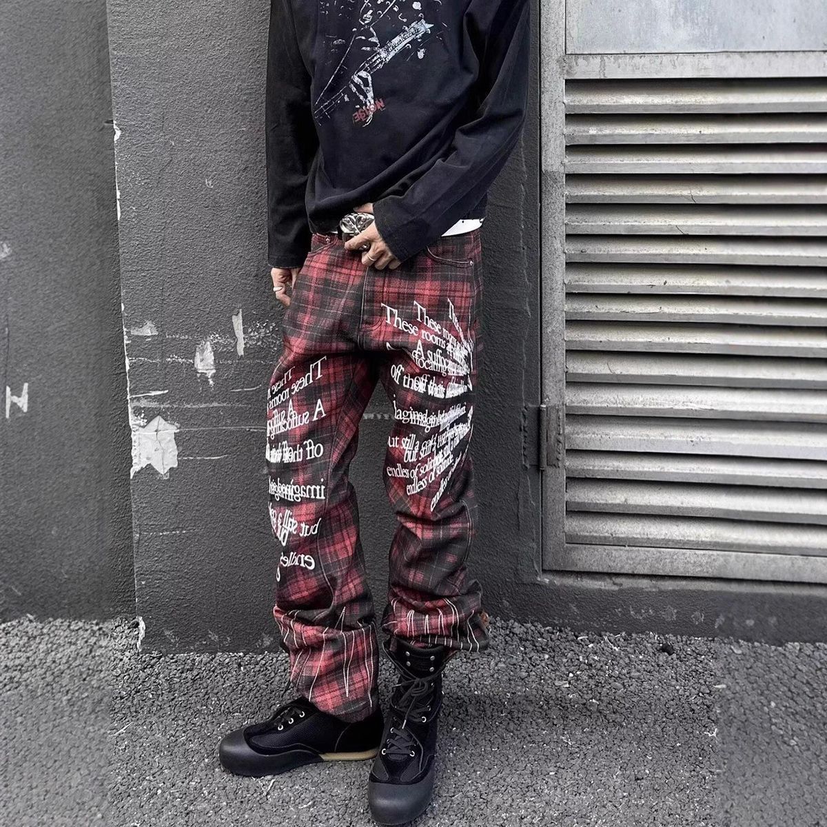 Punk Rock Flare Jeans - Red Plaid Embroidery & Distressed Denim, Vintage Straight-Leg Pants For Men & Women (S-3XL)_mkmklike.com