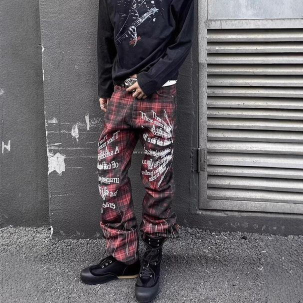 Punk Rock Flare Jeans - Red Plaid Embroidery & Distressed Denim, Vintage Straight-Leg Pants For Men & Women (S-3XL)_mkmklike.com