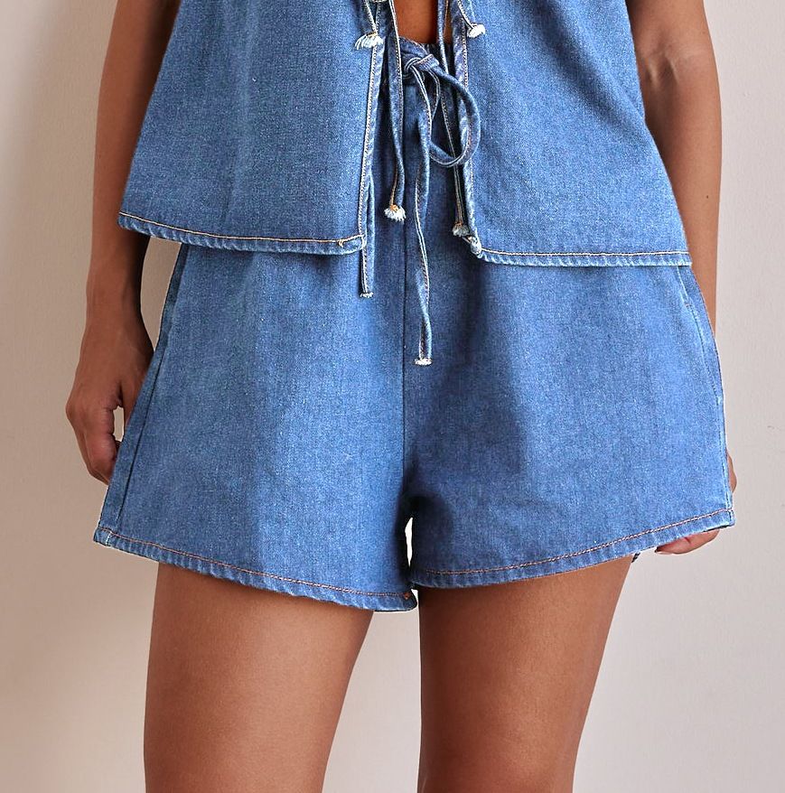 Summer Fashion Casual Sleeveless Lace Up High Waist Women's Vest Denim Suit Shorts_mkmklike.com