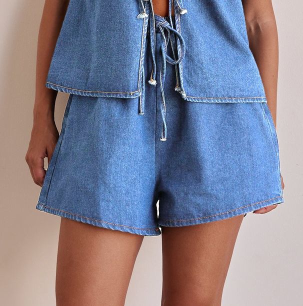 Summer Fashion Casual Sleeveless Lace Up High Waist Women's Vest Denim Suit Shorts_mkmklike.com