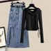 Women's Hooded Drawstring Slim Top Denim Skirt Two-piece Trendy Set_mkmklike.com