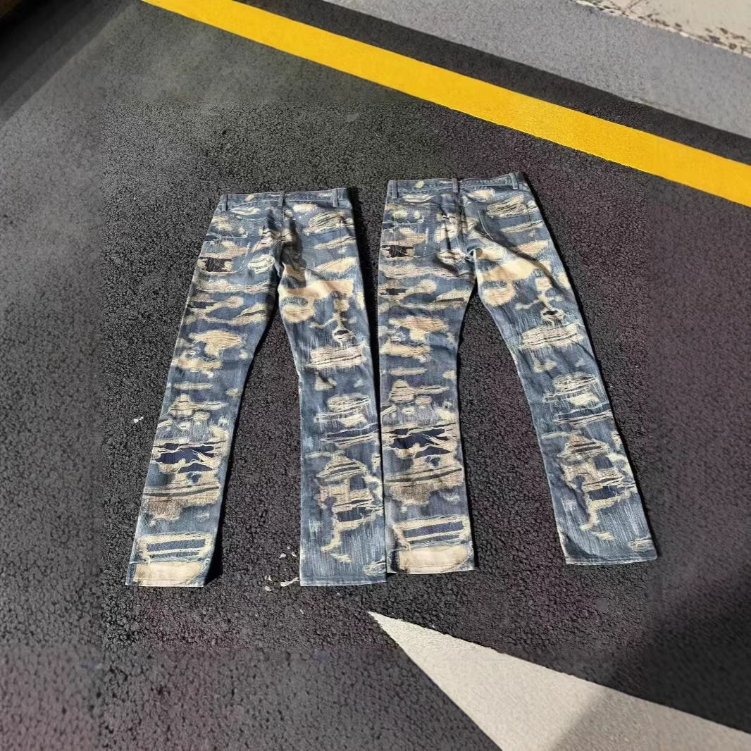 Men's Clothing Digital Print Washed Distressed Straight Leg Wide Leg Loose Flared Jeans Casual Trousers_mkmklike.com