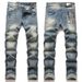 Men's Stretch Denim Jeans With Punk-Inspired Print & Destructive Details - Slim Fit Retro Blue Denim Pants With Whisker Effects_mkmklike.com